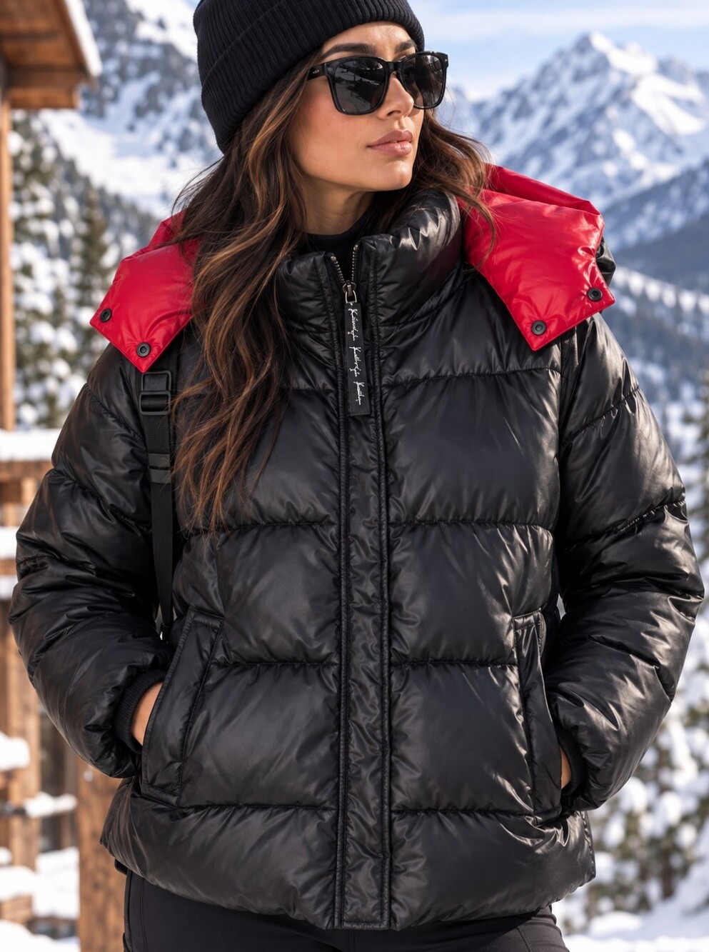 Kendall & Kylie Puffer Jacket Black Red Cropped Women’s S Trendy Streetwear